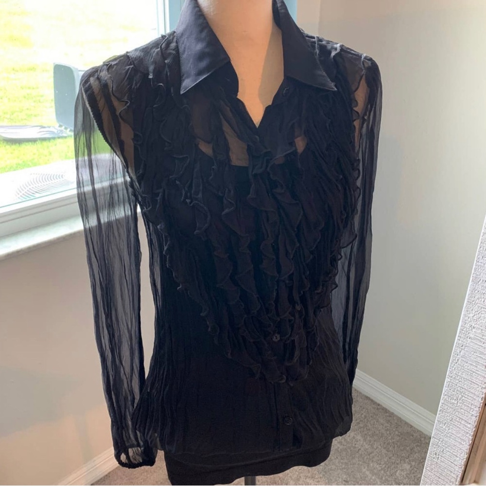 Bailey 44 100% silk crinkle ruffle front long sleeve sheer blouse - 4